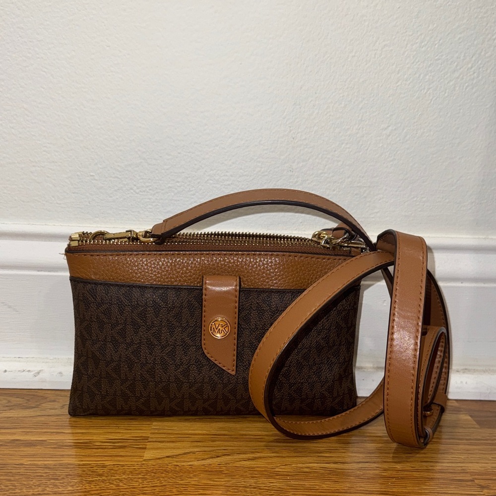 Michael Kors Dark Brown and Tan Crossbody Bag